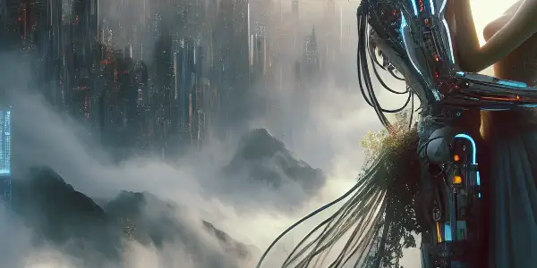 A passionate couple in a dystopian city, surrounded by advanced technology and environmental decay, illuminated by ethereal light.