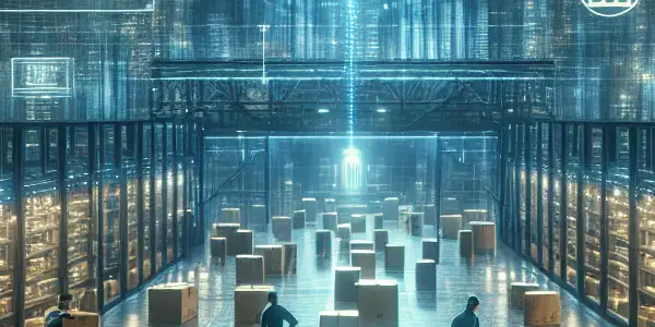 A futuristic warehouse scene showcasing diverse delivery personnel handling discreet adult entertainment packages with advanced security features.