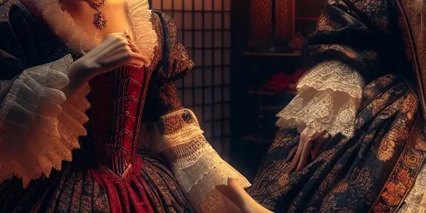 A maid and a noble lady share a forbidden romantic moment in an elegant, culturally rich setting.