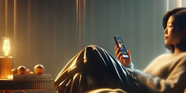 A person relaxes in a cozy room, enjoying adult content on their smartphone in a warm, inviting atmosphere.