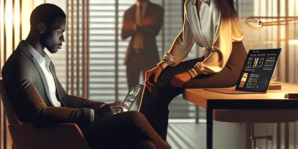 A modern office scene with two professionals sharing an intimate moment amidst sleek furniture and warm lighting.