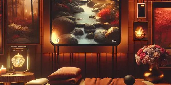 A luxurious mobile sex spa scene with a massage table, candles, rose petals, and a smartphone displaying adult content.