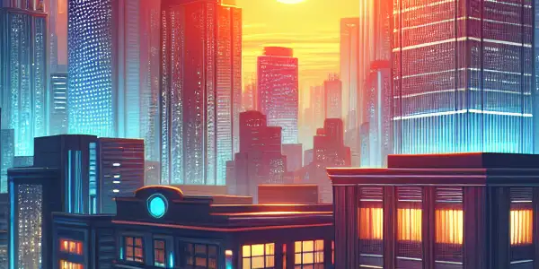 A serene landscape featuring a lush forest, a flowing river, and a vibrant sunset sky.