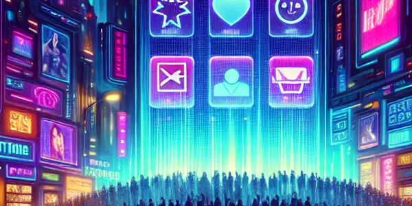 A vibrant, futuristic digital marketplace showcasing Japanese adult film posters with neon lights and diverse users engaging with content.<a href=