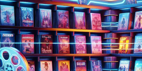 A modern digital interface showcasing a rich library of Japanese adult film DVDs with dynamic, ambient lighting.