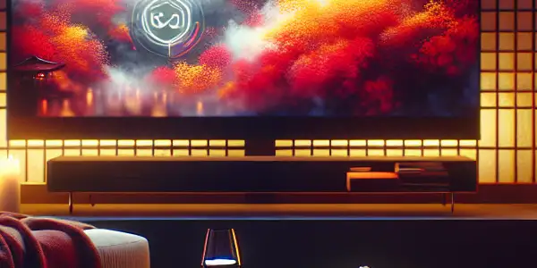 A cozy modern home entertainment setup with a large screen, plush couch, wine, popcorn, and Japanese aesthetics.