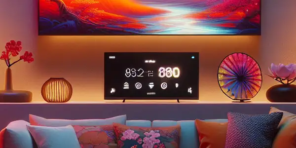 A modern home theater with abstract visuals, soft lighting, and Japanese cultural elements promoting a safe adult viewing experience.