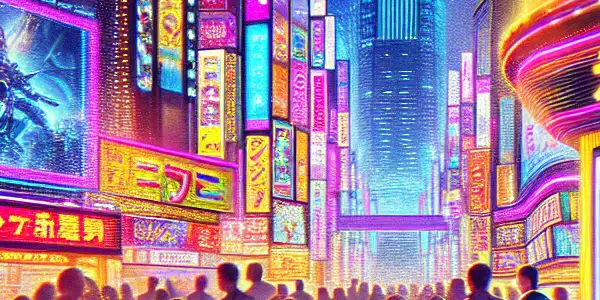 A vibrant neon-lit Tokyo cityscape showcasing the adult film industry with enthusiastic fans at a digital kiosk.