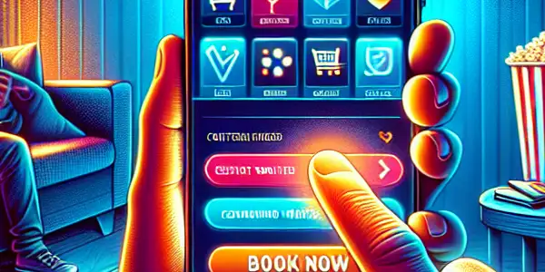 A smartphone displaying an app for booking adult film tickets, set in a cozy living room environment.