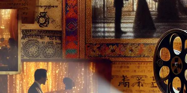 A luxurious, dimly lit room with a vintage projector, showcasing romantic silhouettes and intimate storytelling elements.