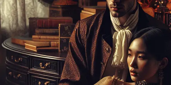 A passionate couple embraces in a Victorian bedroom, embodying themes of longing and forbidden love.