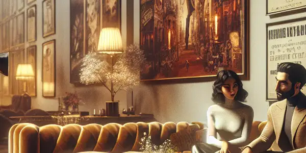 An intimate film studio setting with diverse characters playfully interacting amidst vintage cameras and colorful AV posters.