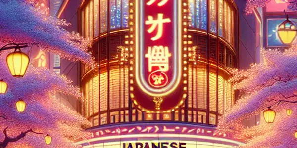 A vibrant Tokyo street at night, featuring a cinema marquee, cherry blossoms, and couples sharing romantic moments.