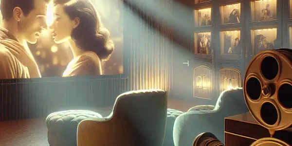 An intimate viewing room featuring a film projector displaying a romantic scene, surrounded by plush seating and warm lighting.