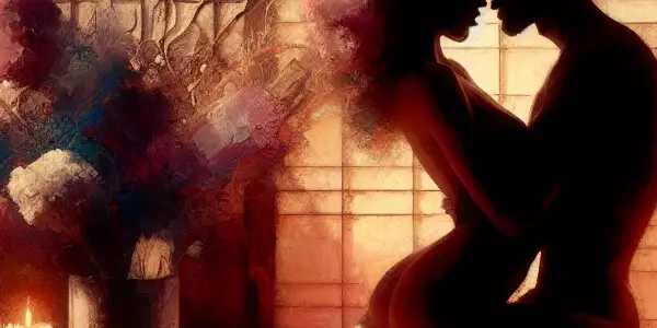 A passionate couple embraced in a dimly lit, intimate setting with Japanese decor and rich textures.