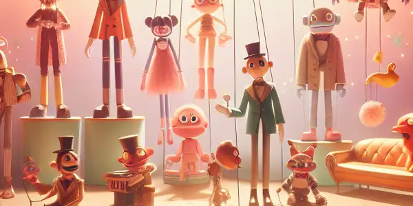 A whimsical stage with colorful puppet characters engaging in playful, flirtatious interactions in a lighthearted atmosphere.