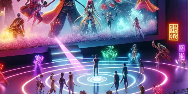 A futuristic cinema scene showcasing interactive adult films with diverse characters, glowing interfaces, and a vibrant atmosphere.