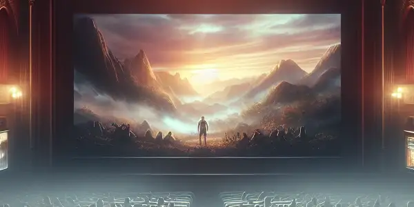 A vibrant movie theater scene with a diverse audience captivated by a heroic film, blending patriotism and sensuality.