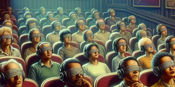 A diverse group of individuals in a cozy theater, engaging with audio descriptions in a warm, inclusive atmosphere.