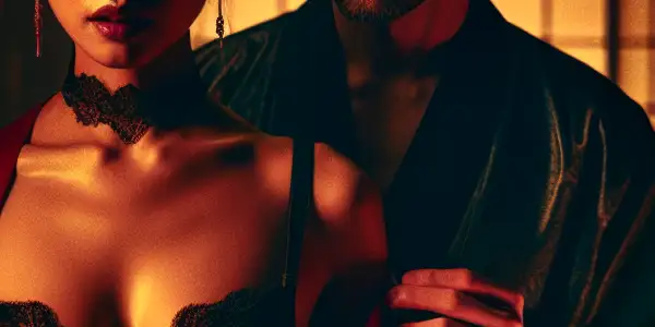 A tense encounter between a mysterious woman and a captivated man in a dimly lit room filled with suspense.